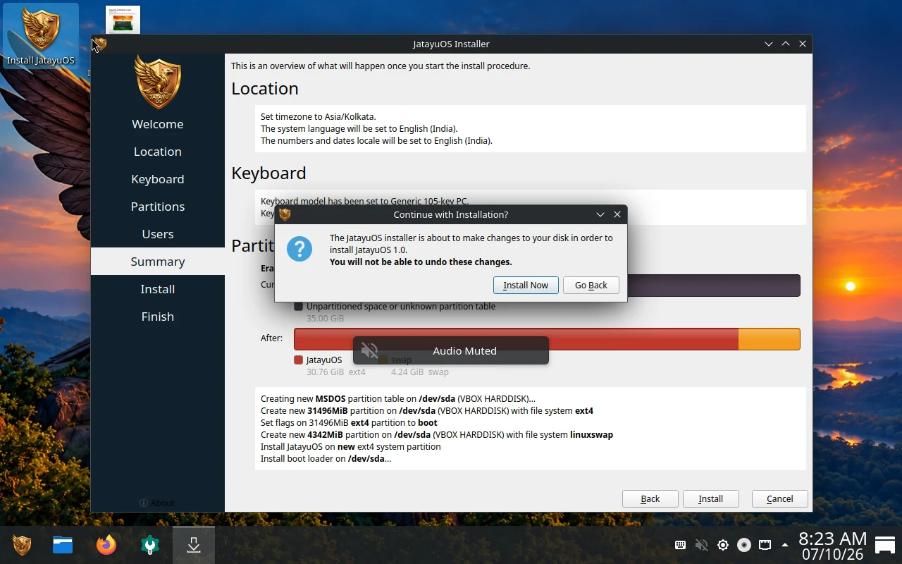 JatayuOS installation: Confirm installation