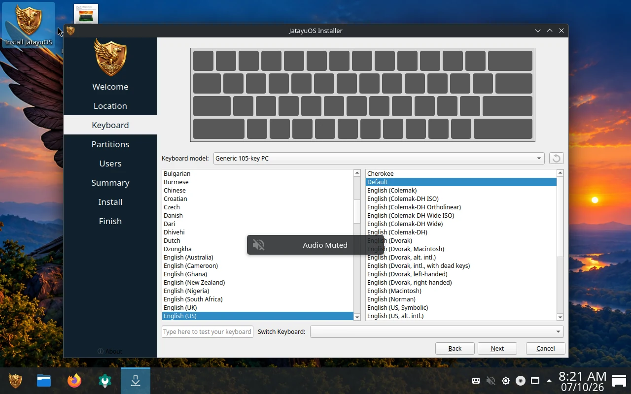 JatayuOS installation: Choose and test your keyboard