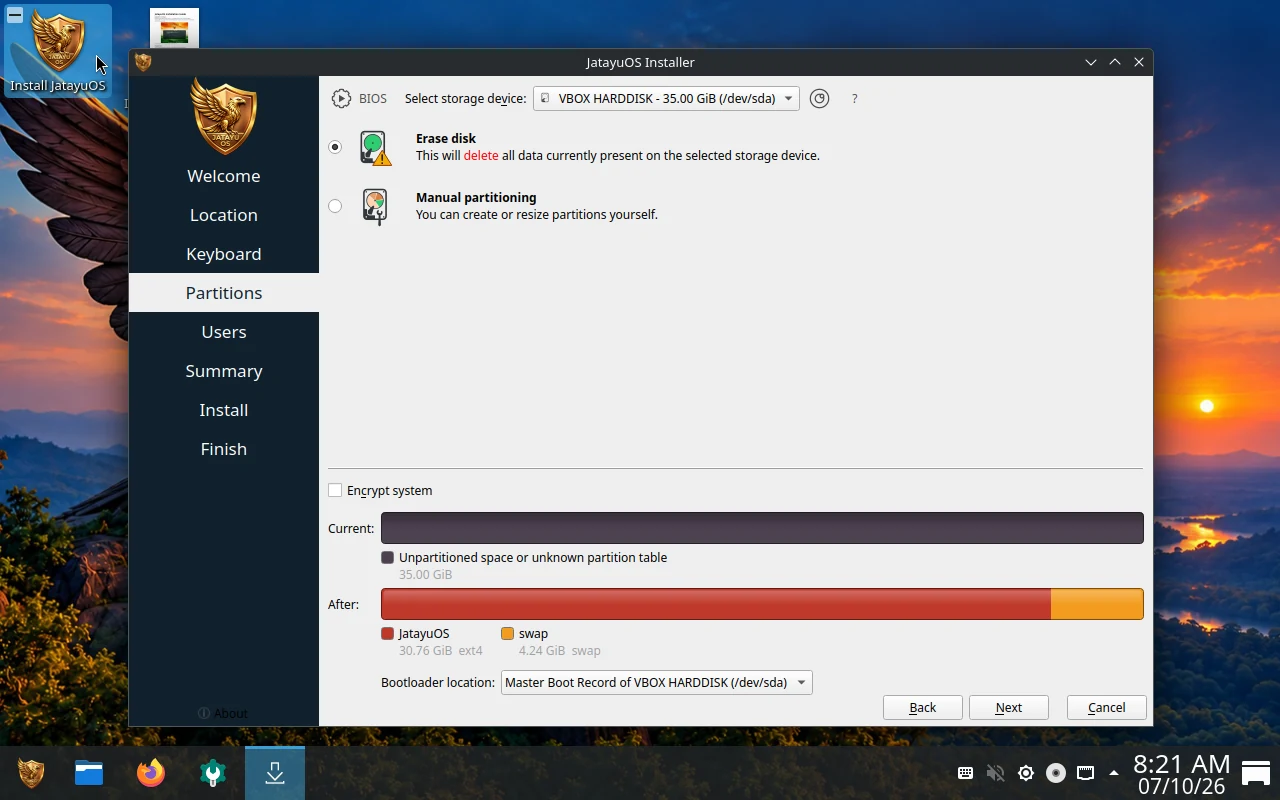 JatayuOS installation: Choose the installation disk