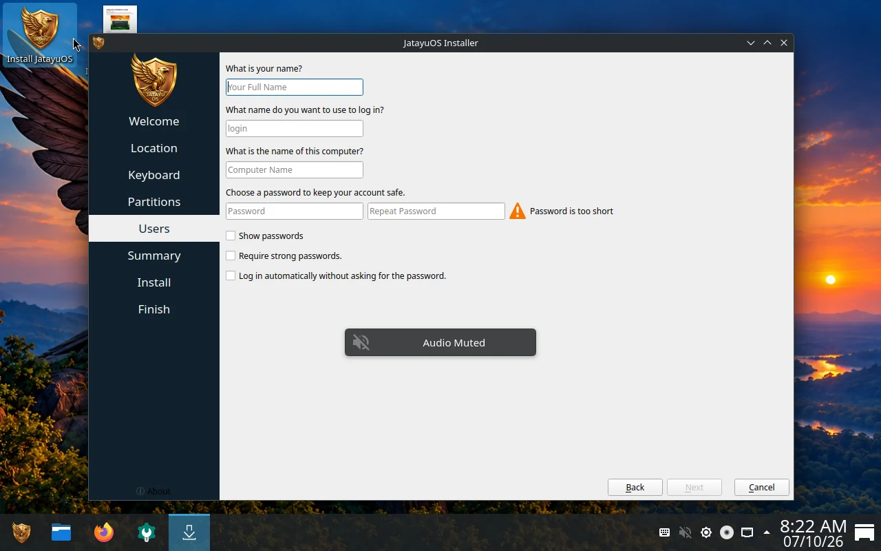 JatayuOS installation: Create your account